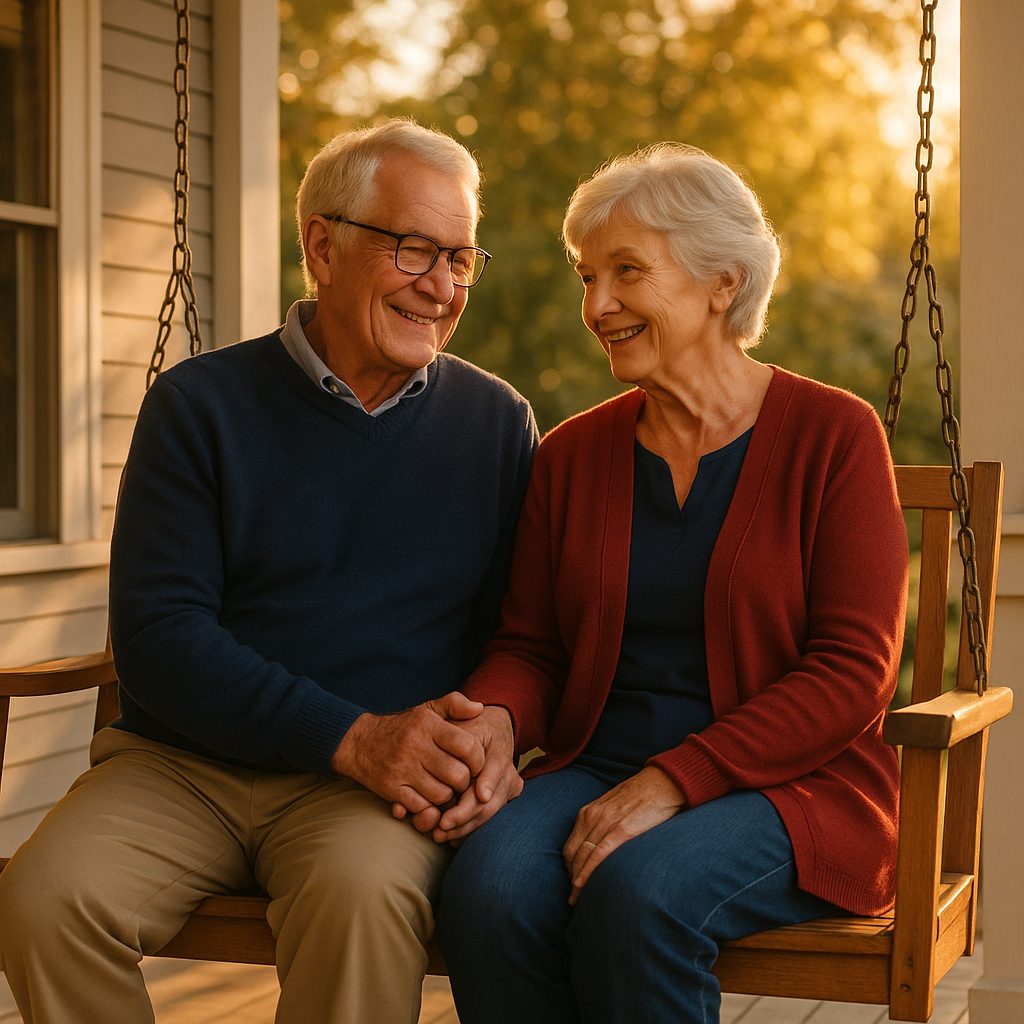 Senior couple holding hands on a porch swing
